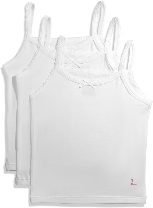 Girls Solid White Snug Fit Tagless Cami Vest - 100% Cotton Super Soft Undershirts (3/Pack)